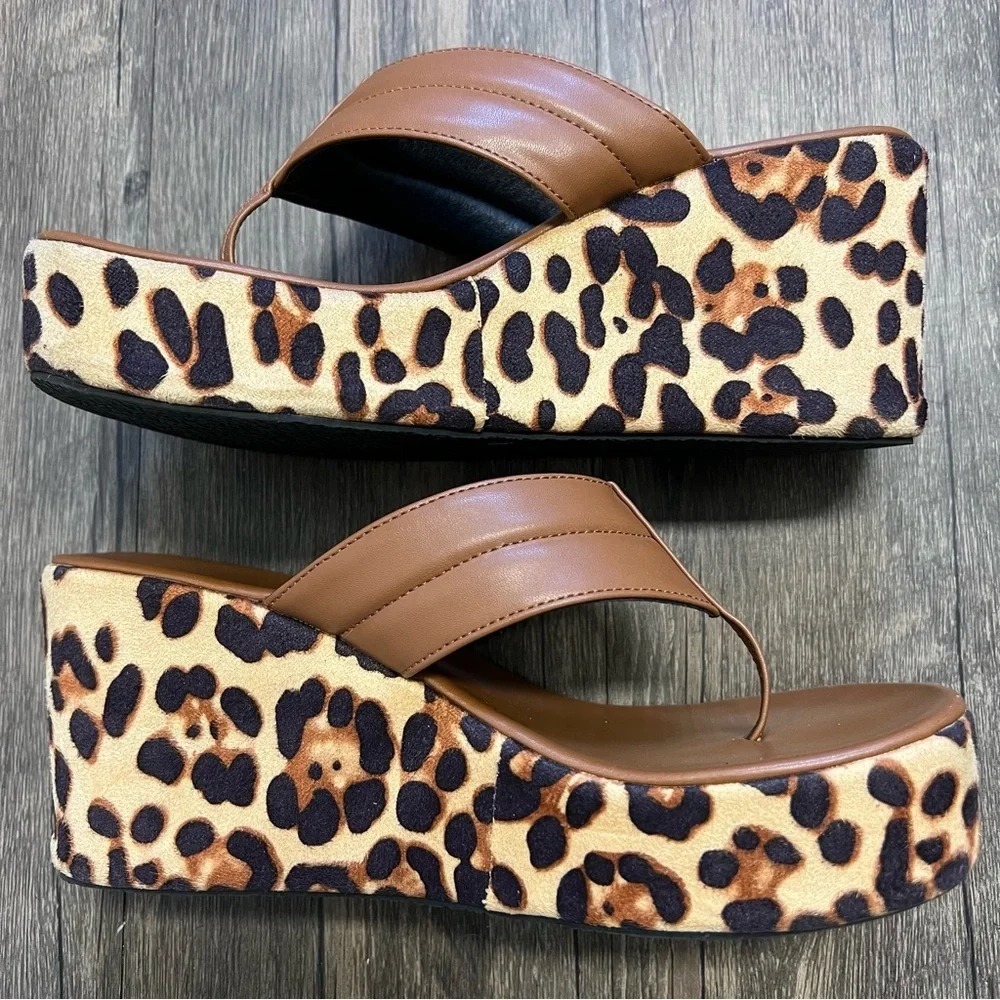 SHEIN Women’s Wedges Leopard Print Platform Sandals Flip Flops Shoes Summer 8
